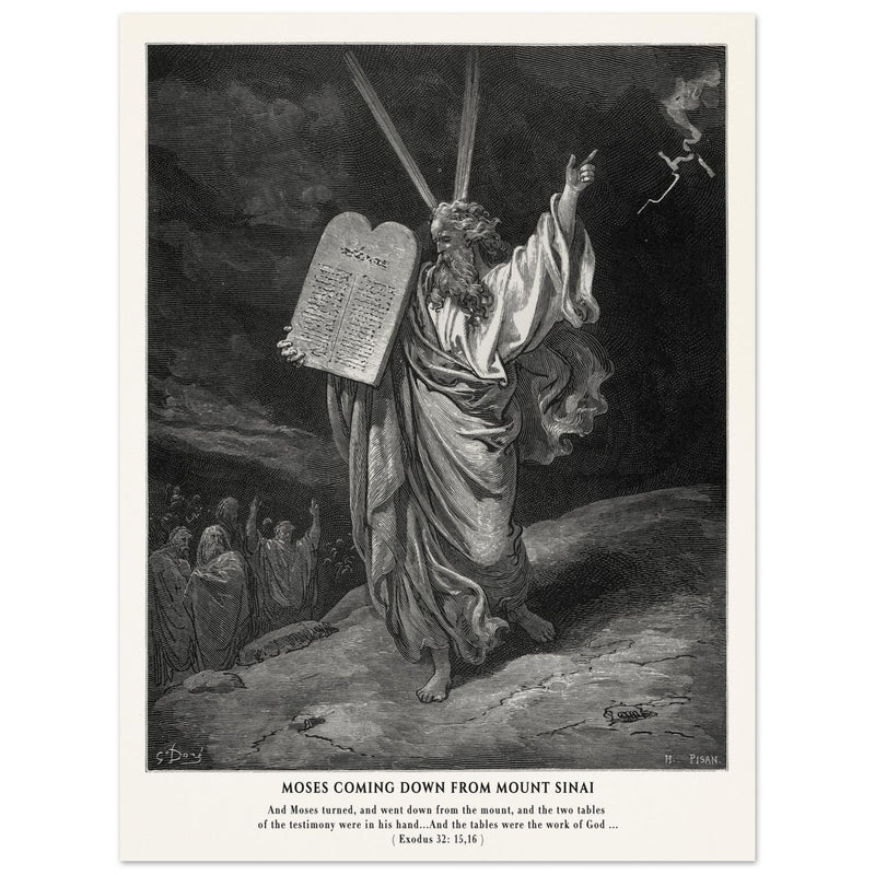 Gustave Dore The Bible engraving print . Moses coming down from Mount Sinai .