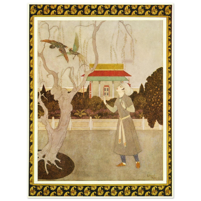 Edmund Dulac and one of his illustration for Princess Badoura fairy tale. Prince Camaralzaman and the Birds.