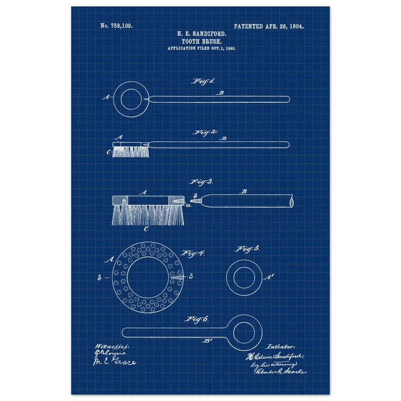 Toothbrush patent illustration by H E Sandiford.