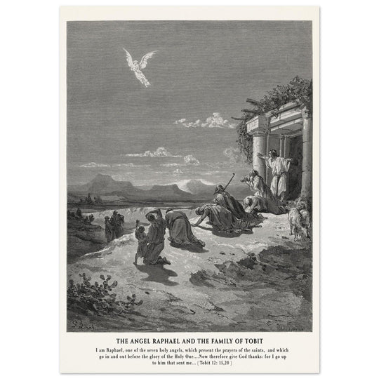 Gustave Dore The Bible engraving print . The angel Raphael and the family of Tobit.