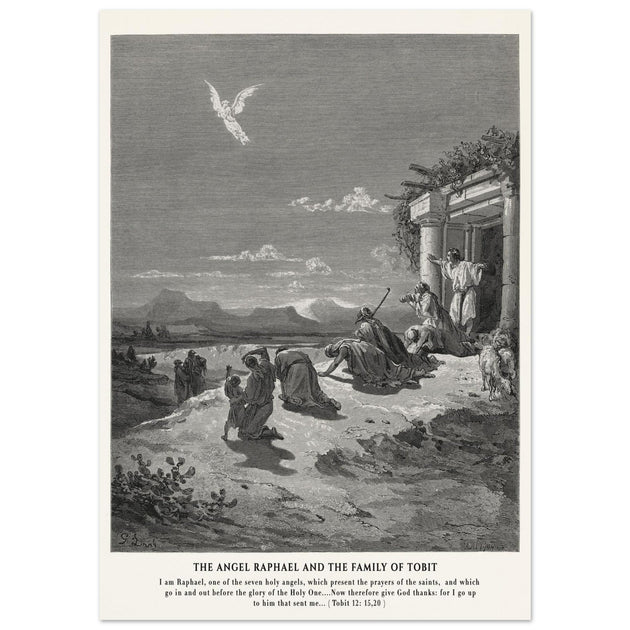 Gustave Dore The Bible engraving print . The angel Raphael and the family of Tobit.