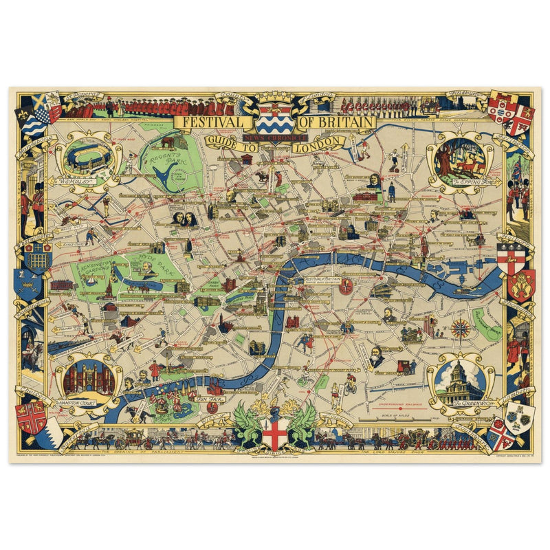 London 1951 vintage city map . Landmarks and places of interest in London.