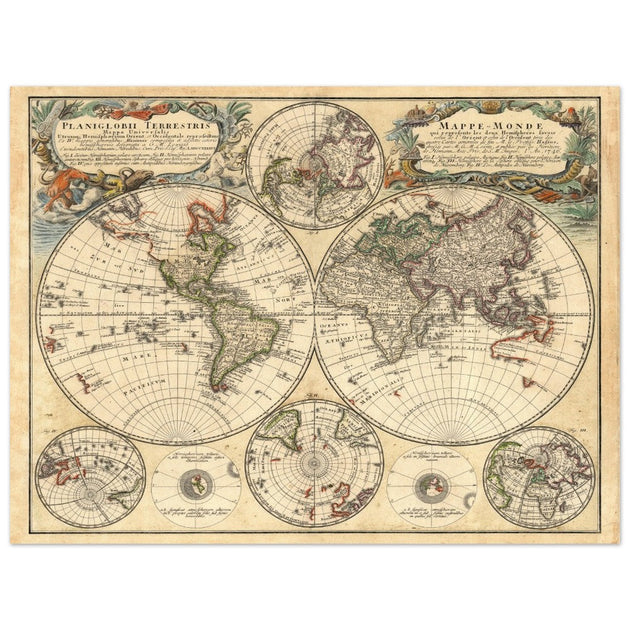 1759 Ancient historic world map. Double hemispheric world vintage map.