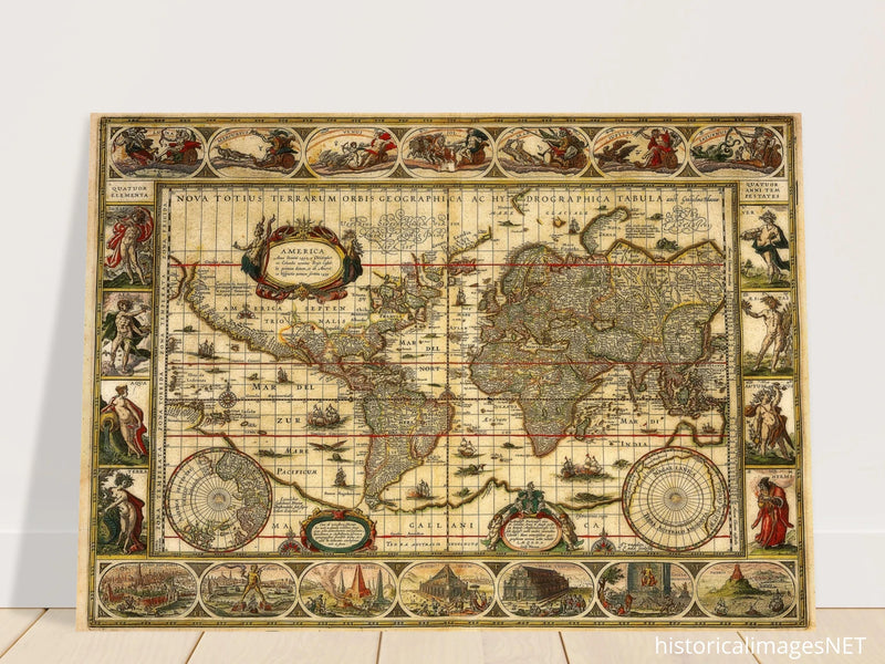 Ancient world map print by Willem Janszoon. Poster of antique vintage old map of 1647.