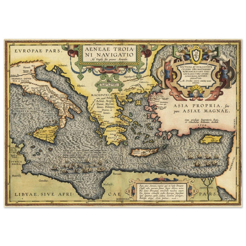 Ancient map of Europe and Asia tracing the sea route to Troy across the Mediterranean sea by Abraham Ortelius
