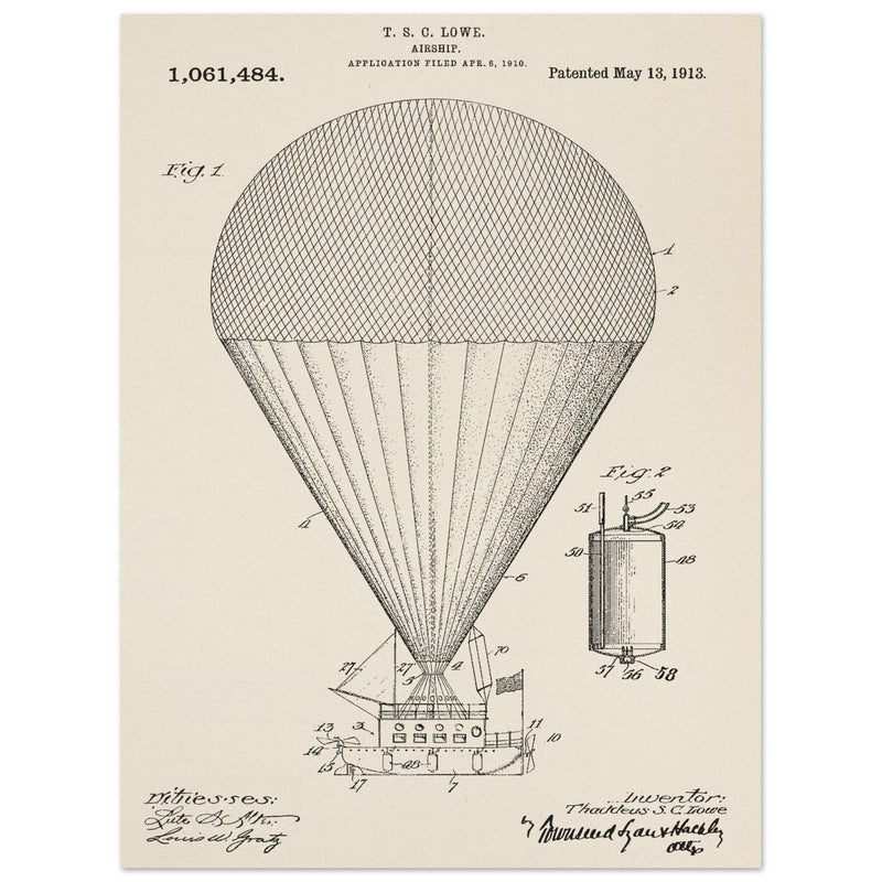 Airship patent drawing by T S C lowe Air balloon illustration