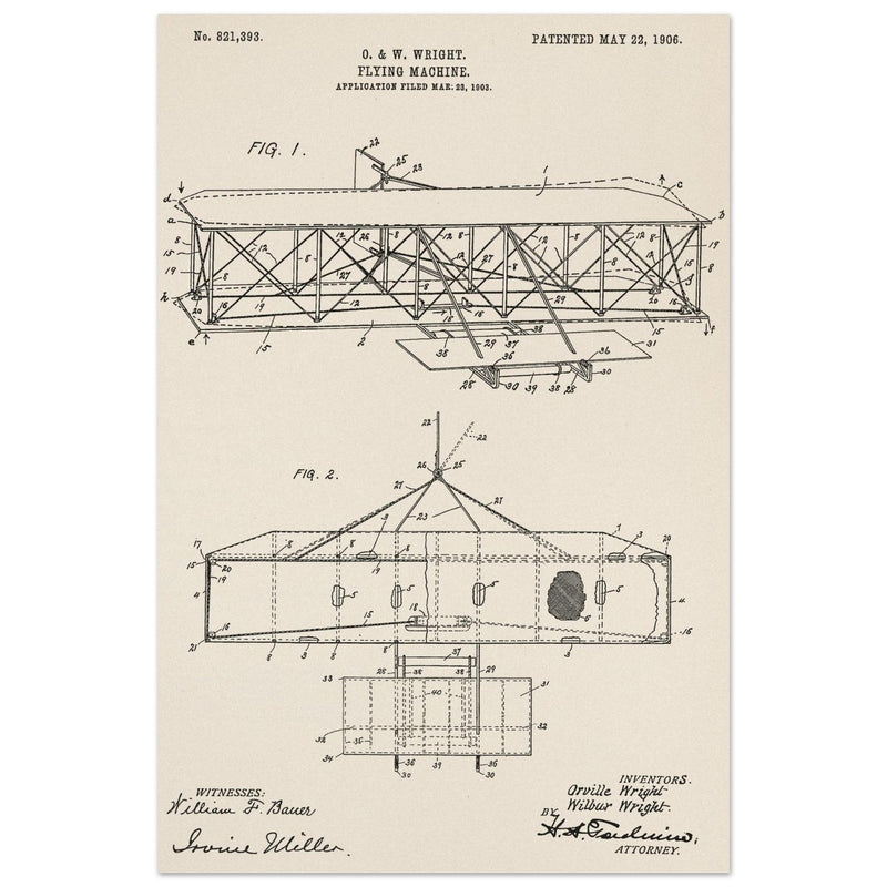 Flying machine patent 1906 by the Wright brothers. Vintage airplane.