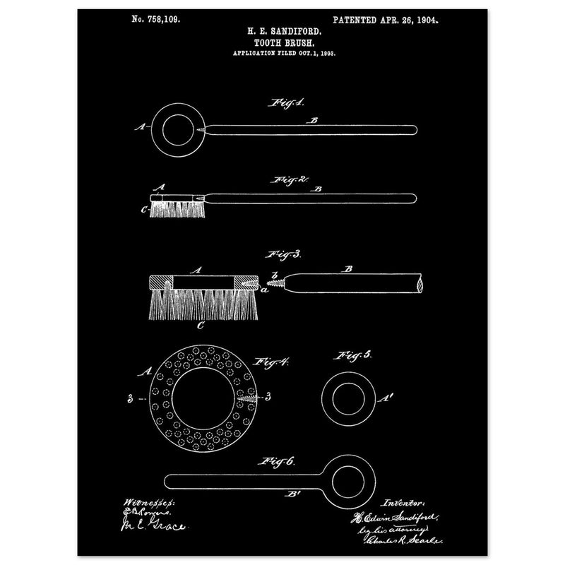 Toothbrush patent illustration by H E Sandiford.