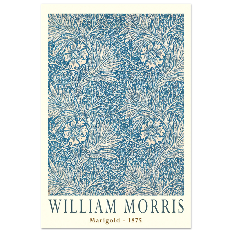 William Morris Marigold art print. Vintage wallpaper reproduction. Blue floral pattern.