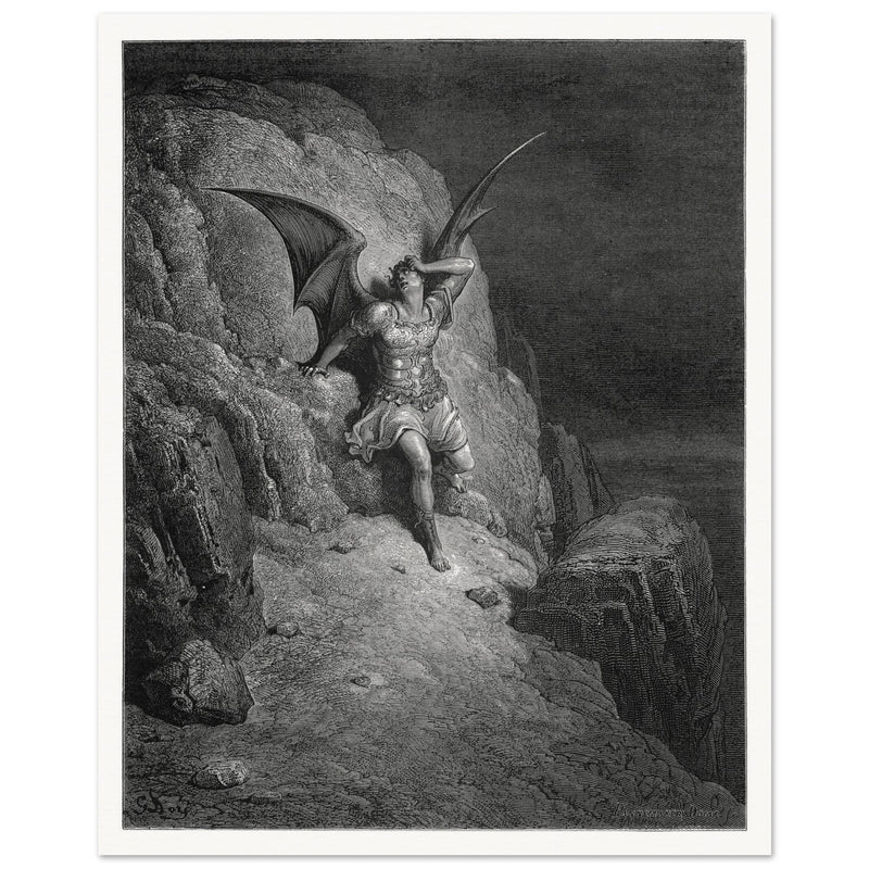 Gustave Dore Paradise Lost engraving . Torment of Satan despair as he realizes his fall.