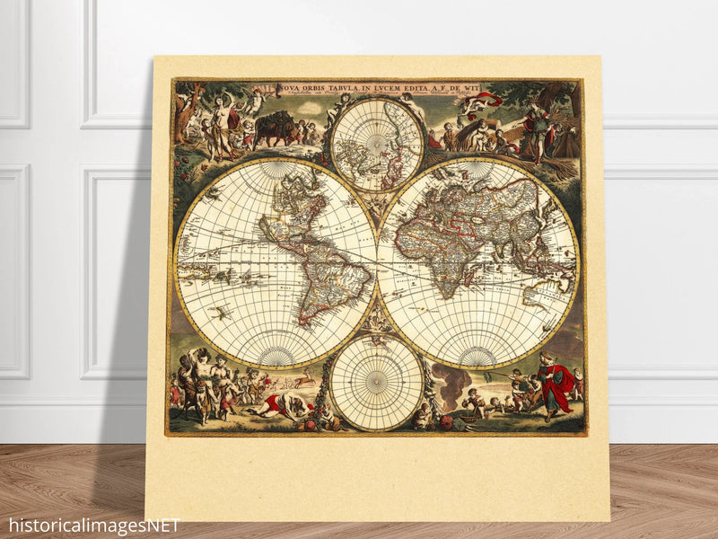 Antique world map. 1660 double-hemisphere world map titled Nova Orbis Tabula, in Lucem Edita by Frederik de Wit