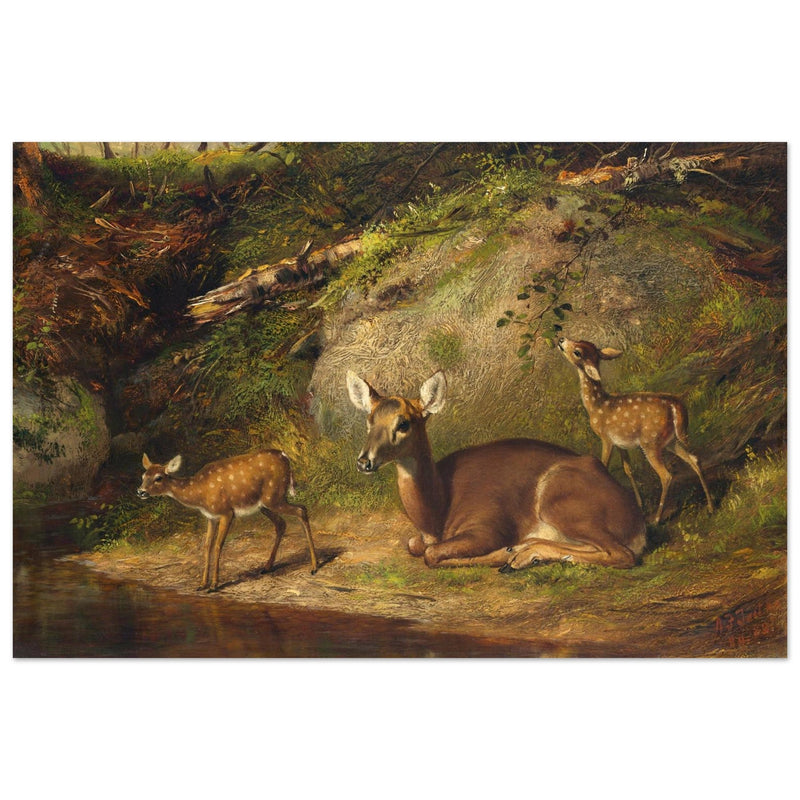 Doe and Two Fawns by Arthur Fitzwilliam Tait  1882. Deer inside forest.