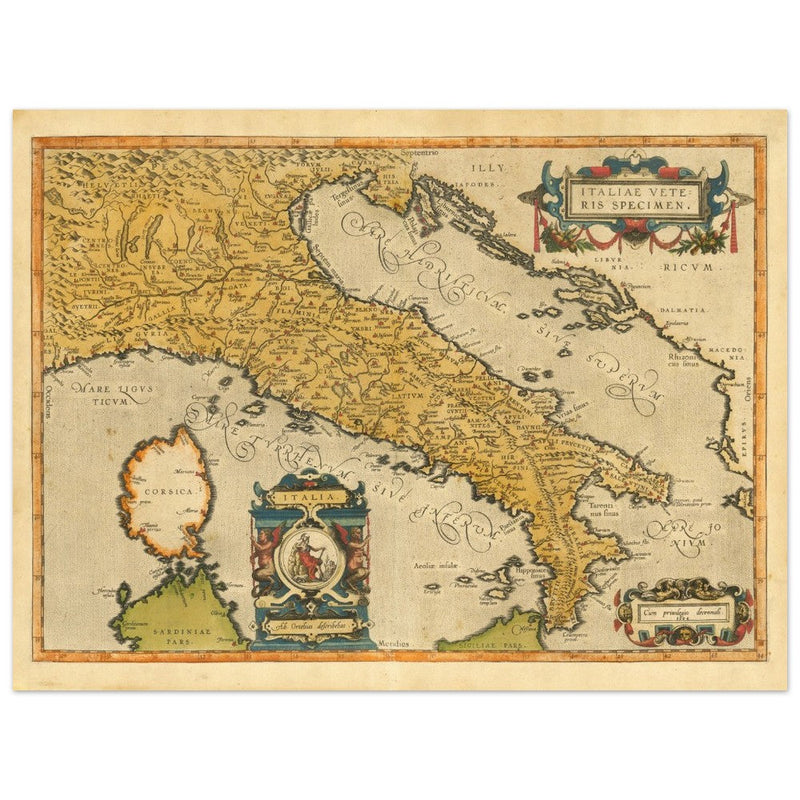 Ancient map of Italy by Abraham Ortelius. Vintage historic map.