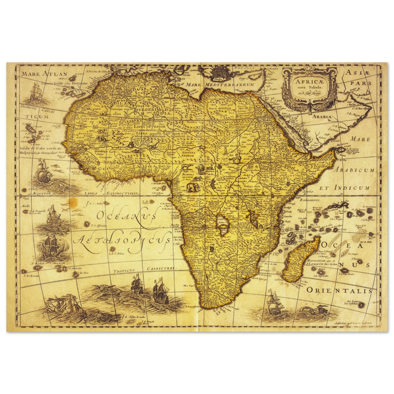 Africa ancient vintage map print reproduction. African continent cartography of 1680 by Hendrik Hondius
