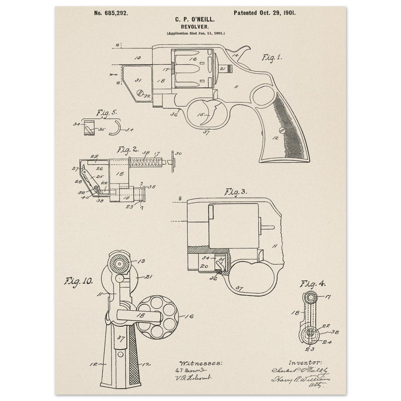 Vintage revolver patent by C P O'Neill.
