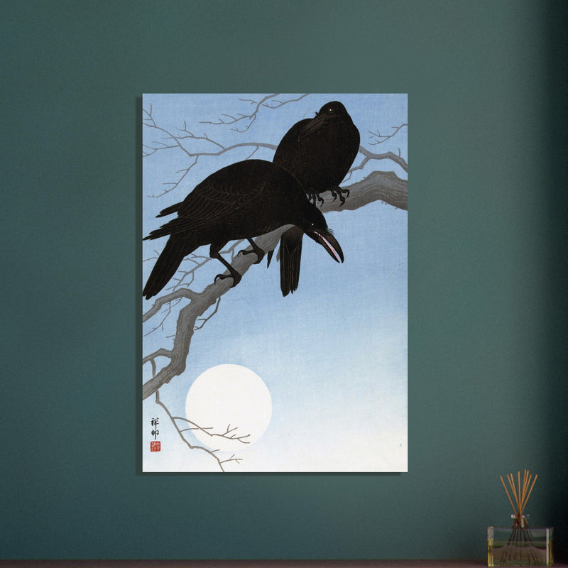 Two crows on a branch by Ohara Koson 1927 Woodblock print.