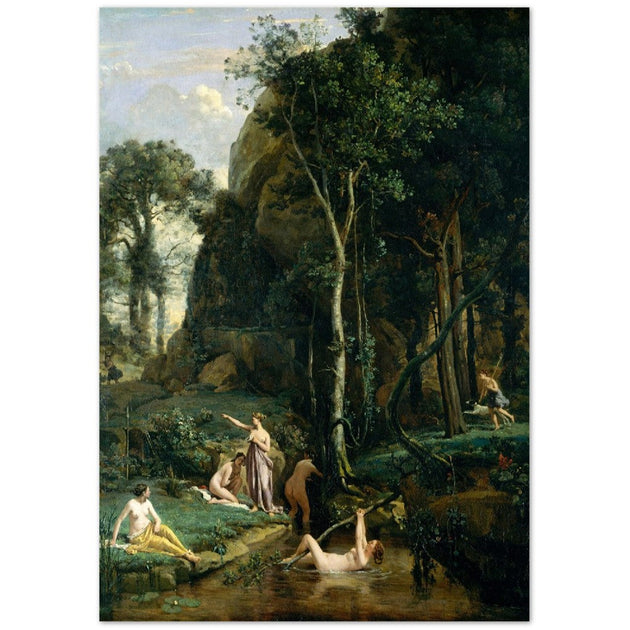 Diana and Actaeon ( Diana Surprised in Her Bath ) by Camille Corot 1836. Antique painting art print. Greek mythology .