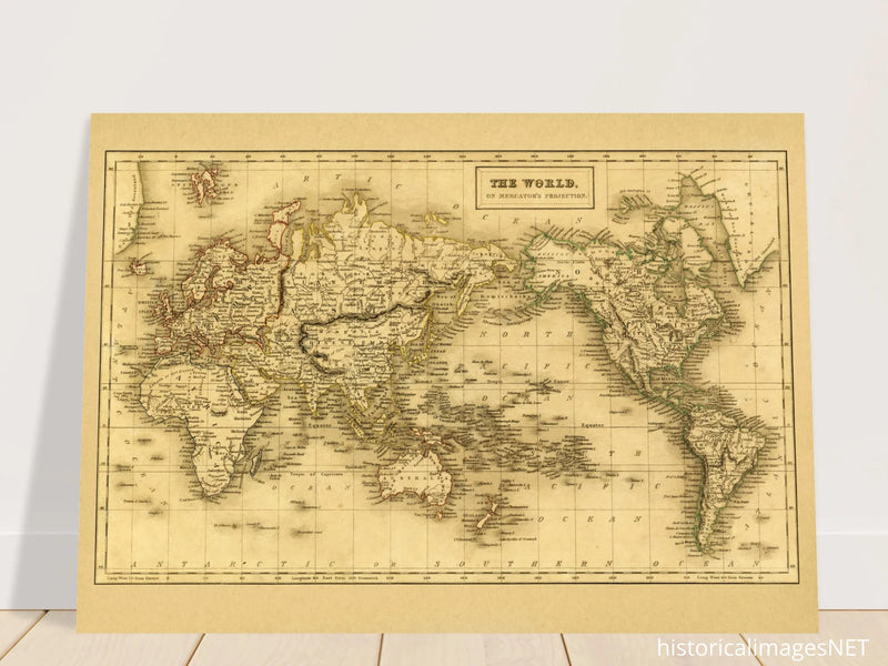 Ancient map of the world. The world on Mercator projection