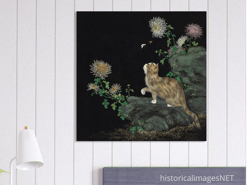 Cats and Butterflies in Springtime old oriental painting by Shen Zhenlin.