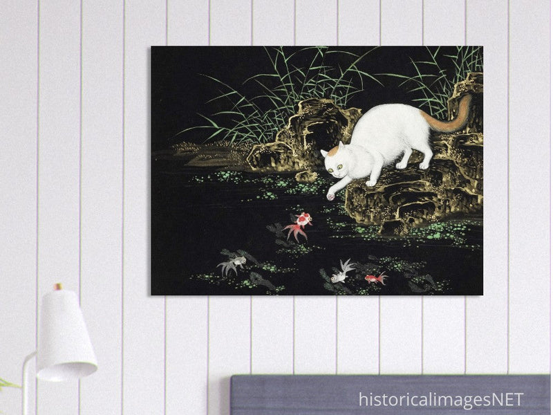 Cats amd fishes in pond. Oriental old painting by Shen Zhenlin.