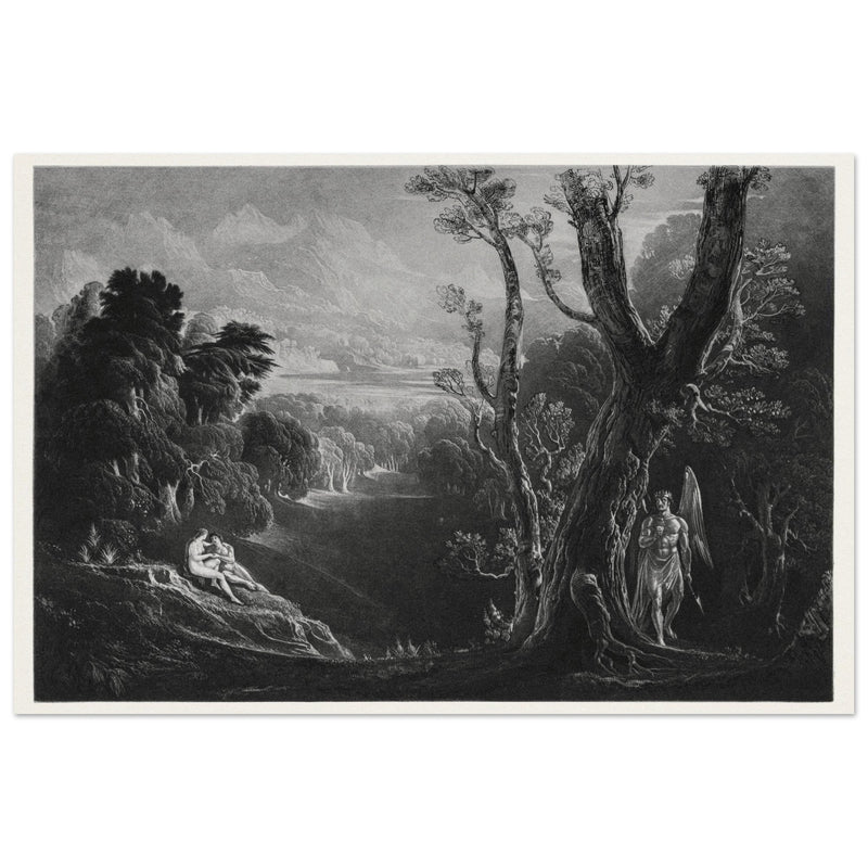 John Martin mezzotint engraving . Satan Contemplating Adam and Eve in Paradise. Paradise Lost by Milton.