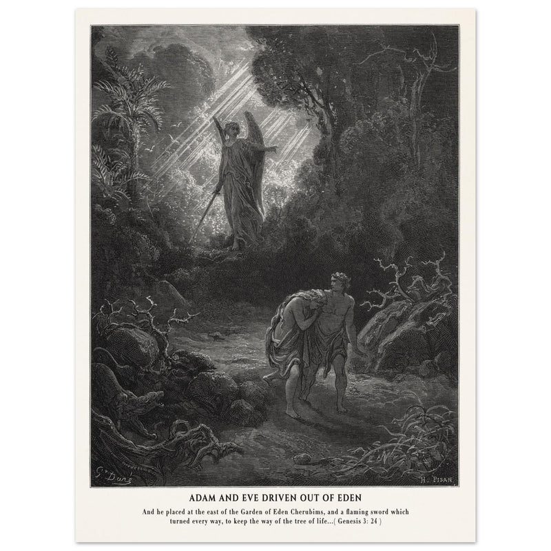 Gustave Dore The Bible engraving print . Adam and Eve driven out from Eden.