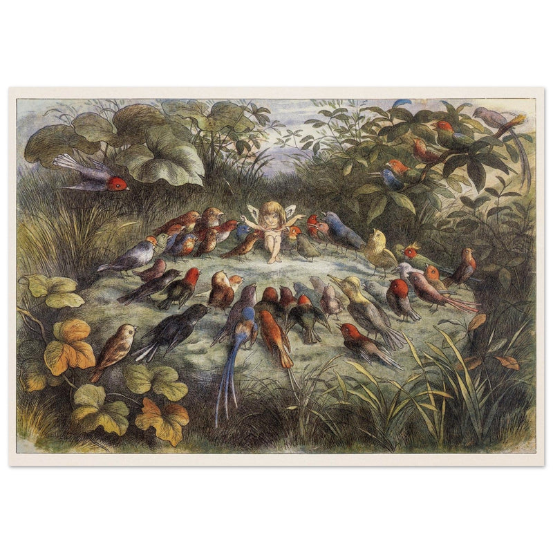 Richard Doyle illustration for Fairyland book. Elf teaching the young birds to sing