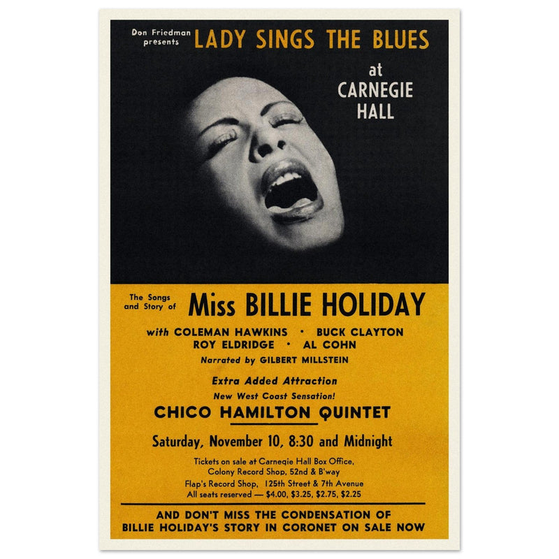 Billie Holiday music poster of her concert at Carnegie Hall in 1956.