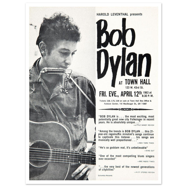 Bob Dylan concert poster Town Hall in New York City in 1963 performance.