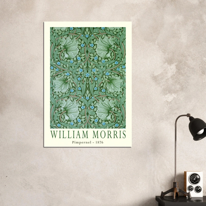 William Morris Pimpernel 1876. Green leaves and flowers wintage wallpaper art print.