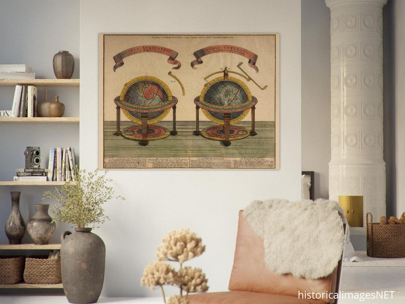 Antique globe spheres.  art print of two ancient planet earth and celestial globes. 1774