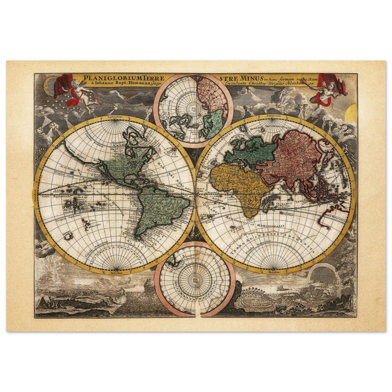 Ancient world map Planiglobium Terrestre Minus in hanc formam redactam by Johann Baptist Homann