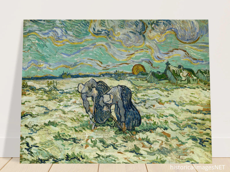 Two digging peasant women digging on a snow covered field by Vincent Van Gogh