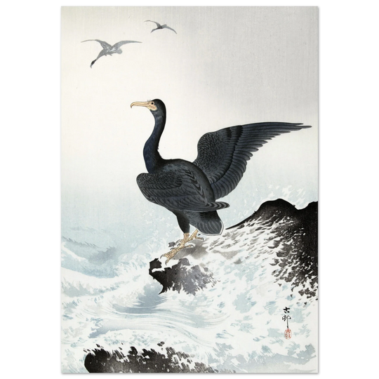 Ohara Koson Red-faced cormorant on rock, woodblock print  art