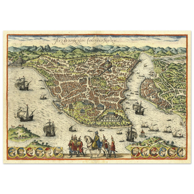 Istanbul ancient map. Byzantium Nunc Constantinopolis by Georg Braun