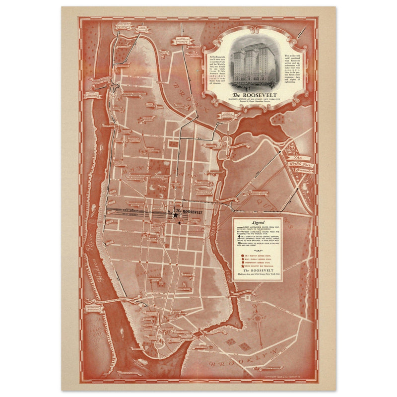 1938 New York City map. Created as an advertisement for the Roosevelt Hotel it includes major streets of Manhattan