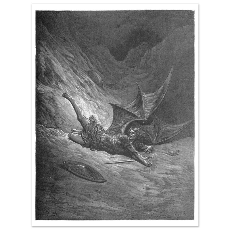 Gustave Dore Paradise Lost engraving . Satan wounded in battle experiences pain for the first time.