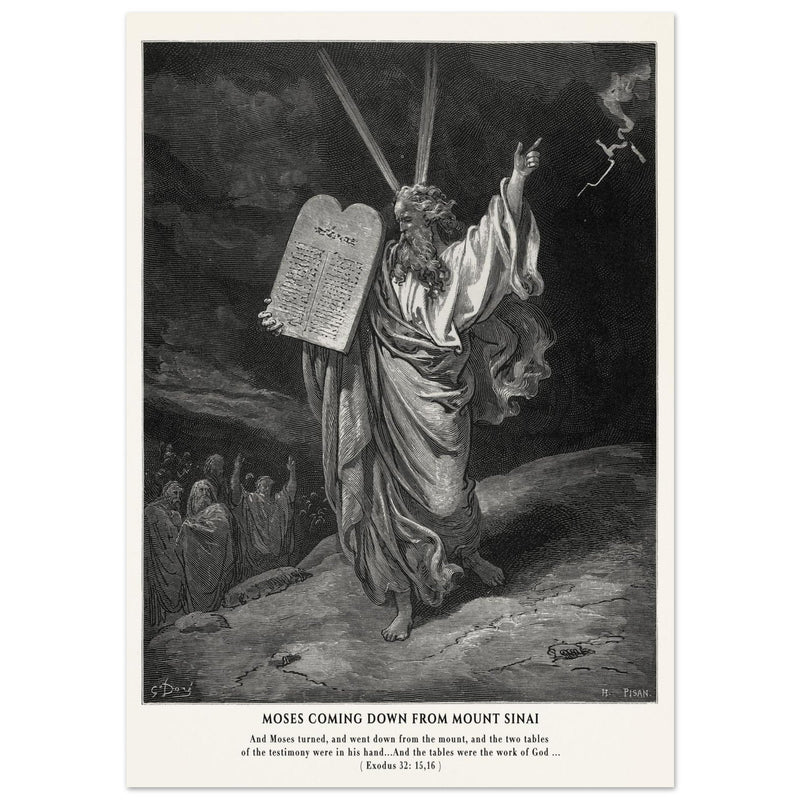 Gustave Dore The Bible engraving print . Moses coming down from Mount Sinai .