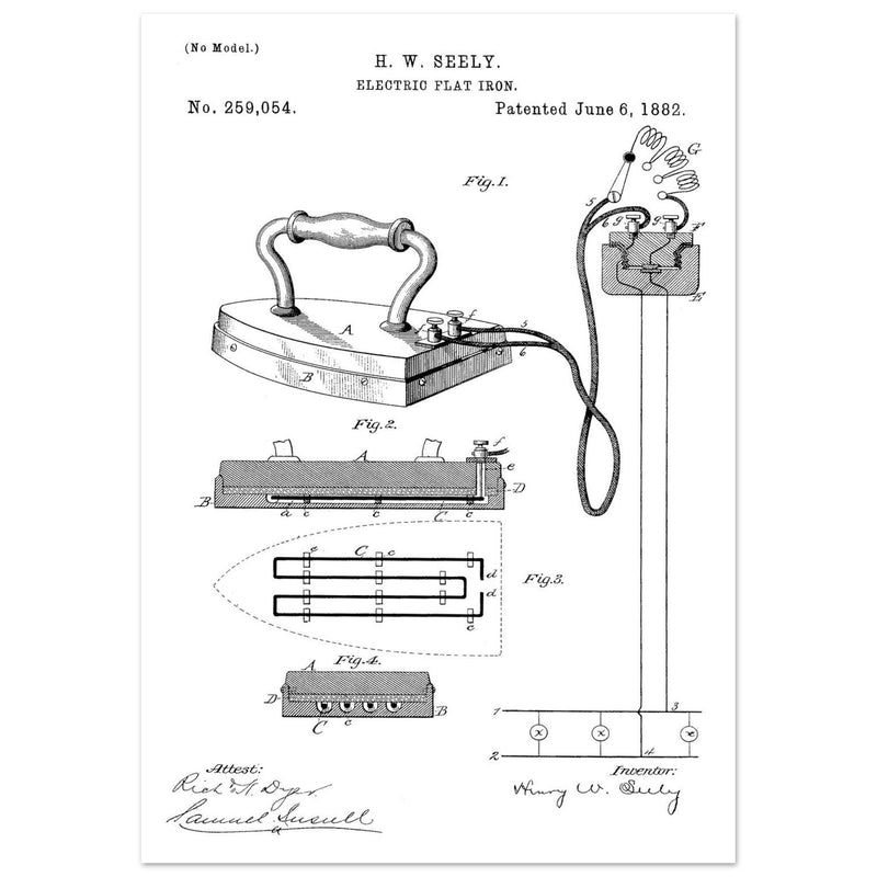 Electric Flat Iron patent by Henry W. Seeley Patent 259.054