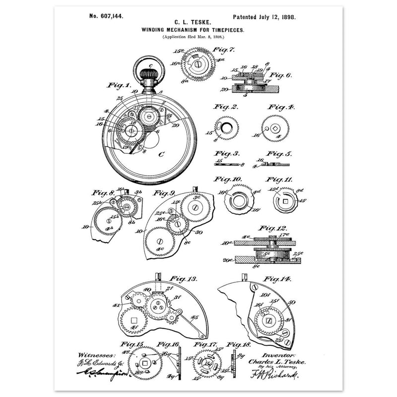 Winding Mechanism for Time Pieces, vintage clock patent .