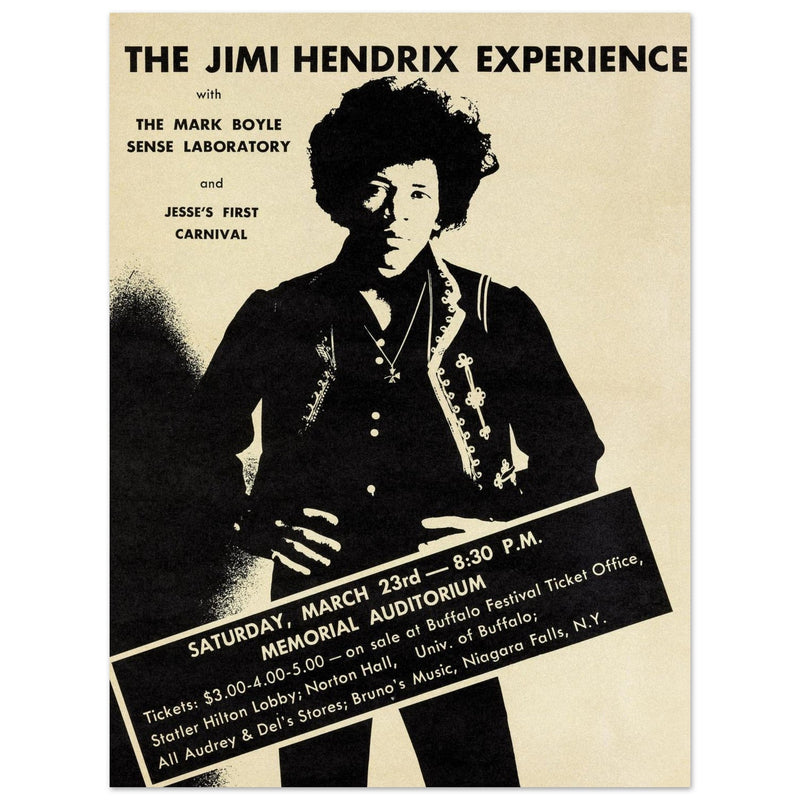 Jimi Hendrix experience music poster. Performance in the Memorial Auditorium Buffalo New York.