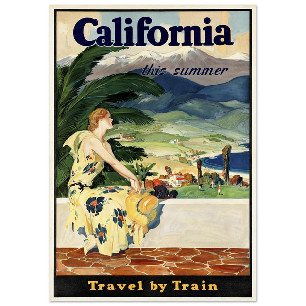 California this summer Travel by Train vintage poster. Travel advertising print.
