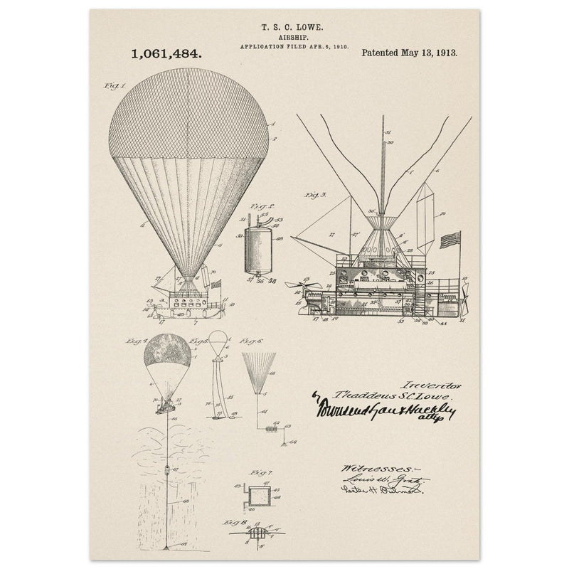 Airship patent illustration by T S C Lowe. Air Balloon