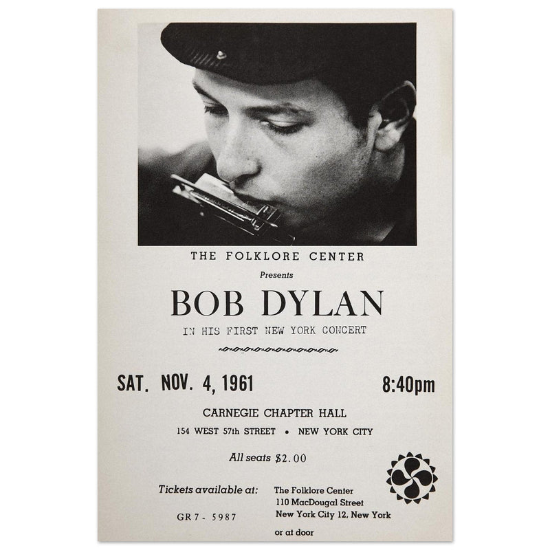 Bob Dylan concert poster in Carnegie Chapter Hall 1961.