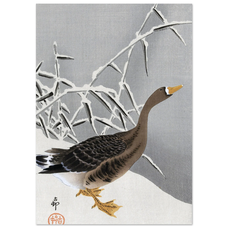 White-fronted goose in the snow by Ohara Koson