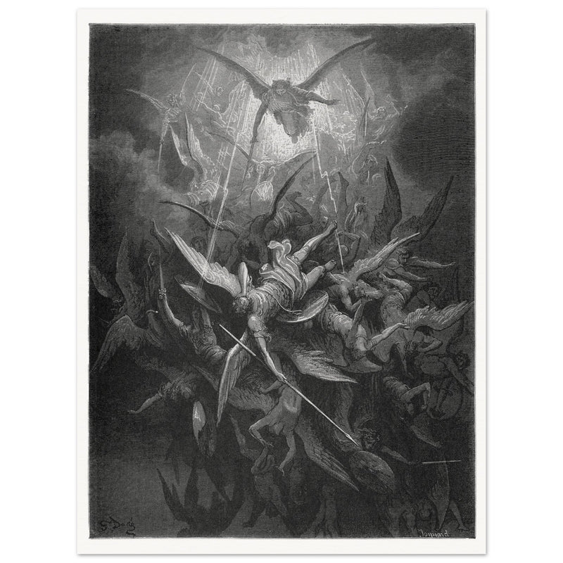 Gustave Dore  Paradise Lost engraving . Dawnfall of Satan with his fallen angels driven out from Heaven .