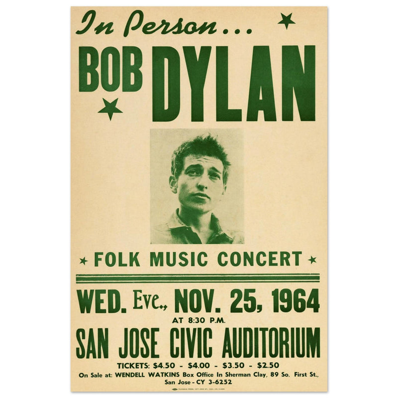 Bob Dylan music concert poster. Performance at the San Jose Civic Auditorium California in 1964.