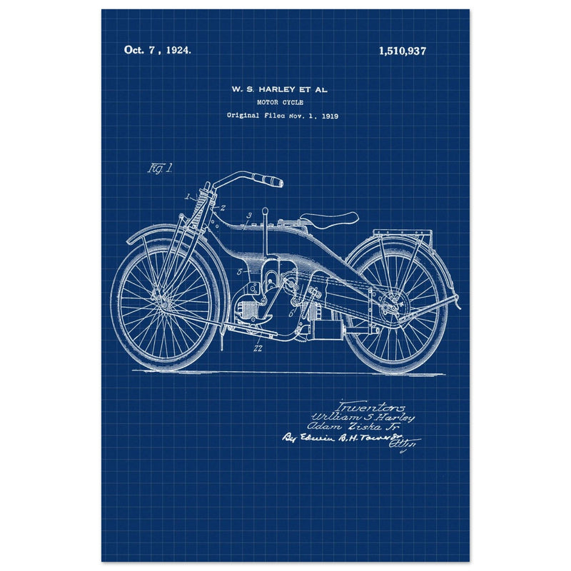 Vintage motorcycle patent by William S Harley founder of harley davidson.