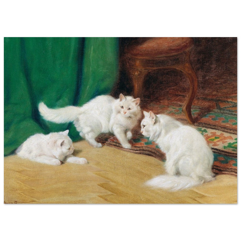 Three white cats playing old painting by Arthur Heyer.