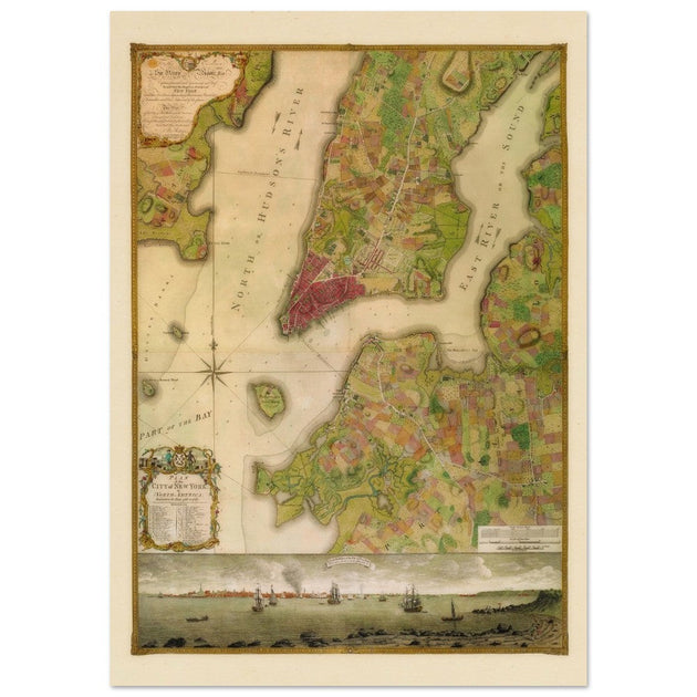 Beautiful antique old map from above of New York City 1770 by Bernad Ratzer